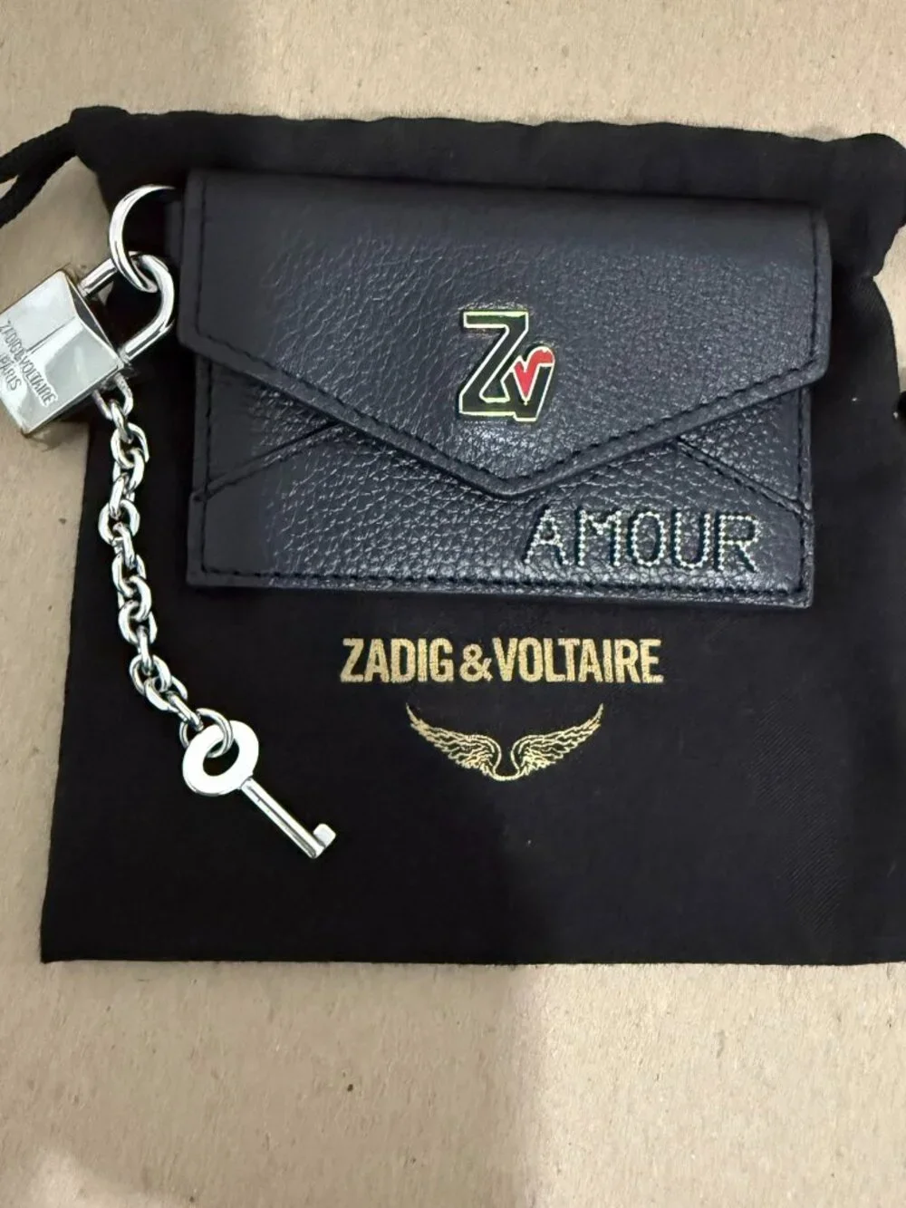 Zadig & Voltaire “Amour” Leather Wallet w/ Padlock & Chain - New